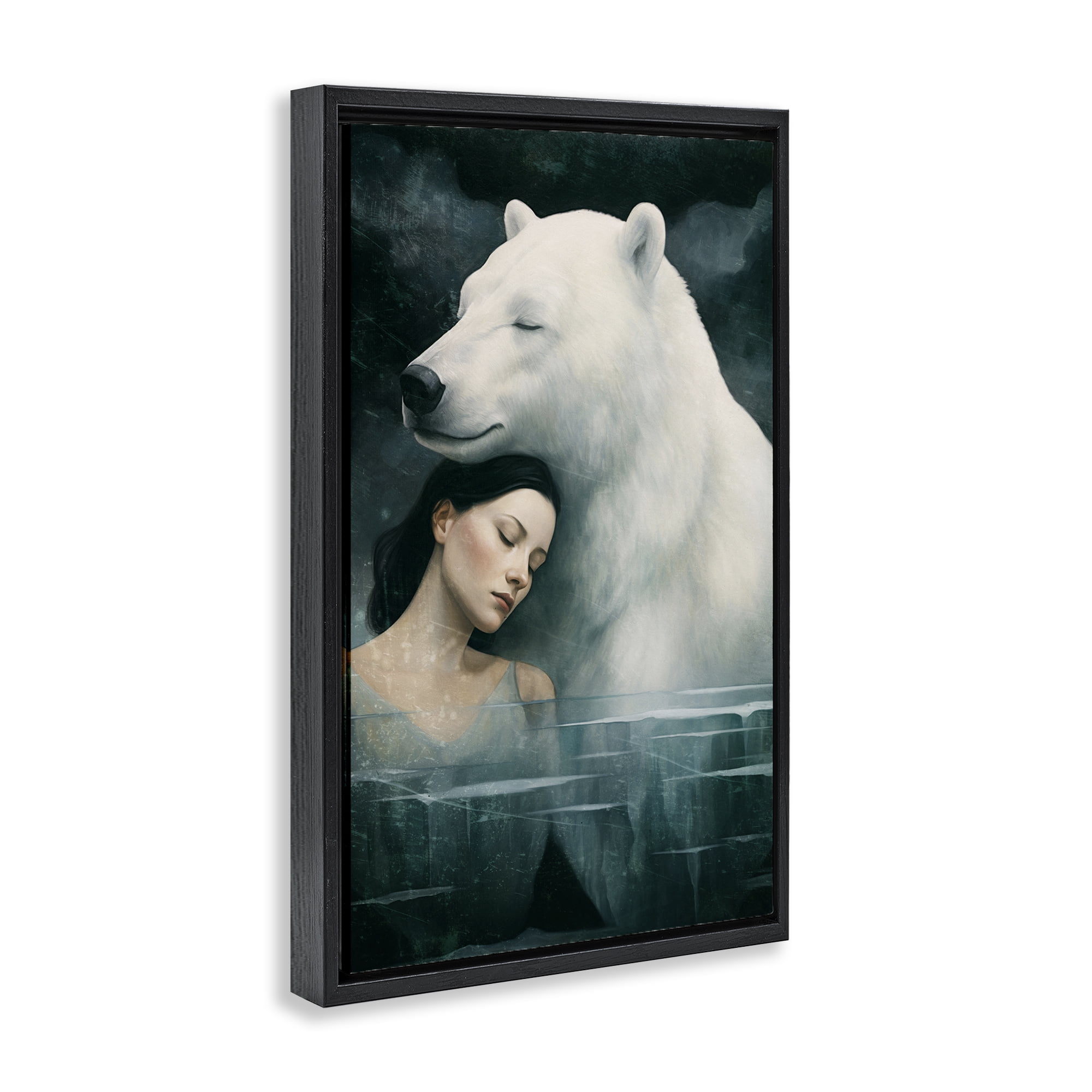 Stupell Industries Polar Bear & Woman Animals Painting Black Floater Framed Canvas Art Print Wall Art, 17 x 25