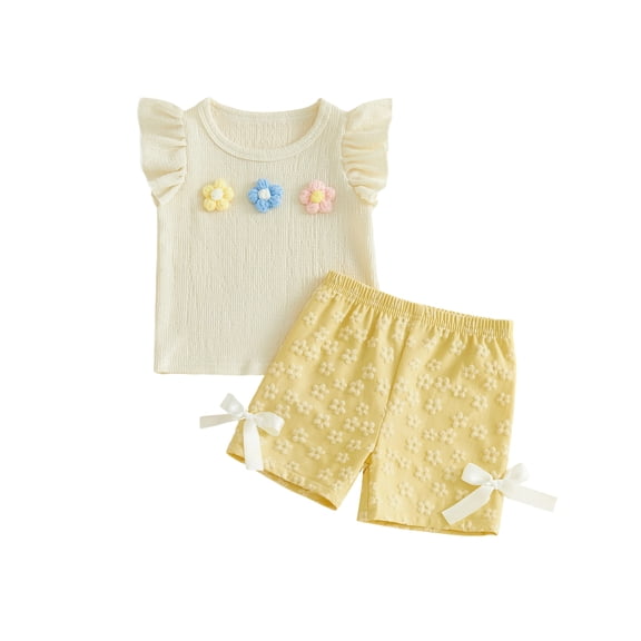 BemeyourBBs Toddler Baby Girl Spring Summer Clothes 2 Pieces Outfits 3D Flower Decor Fly Sleeve Crew Neck Tops Elastic Waist Shorts 2Pcs Clothes Set