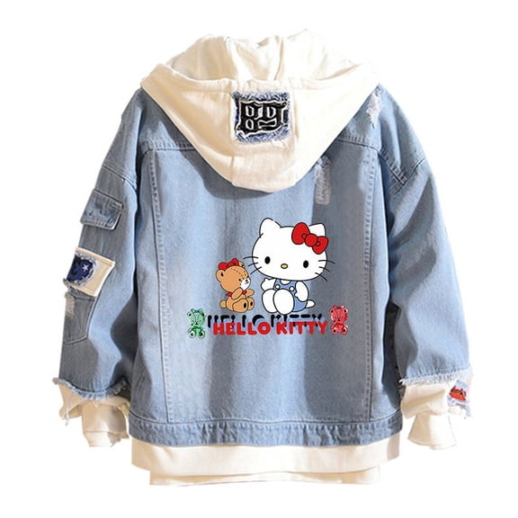 Sanrio Cartoon Hello Kitty Denim Jacket Autumn New Commuting Creativity Hooded Sweatshirt Loose Coat