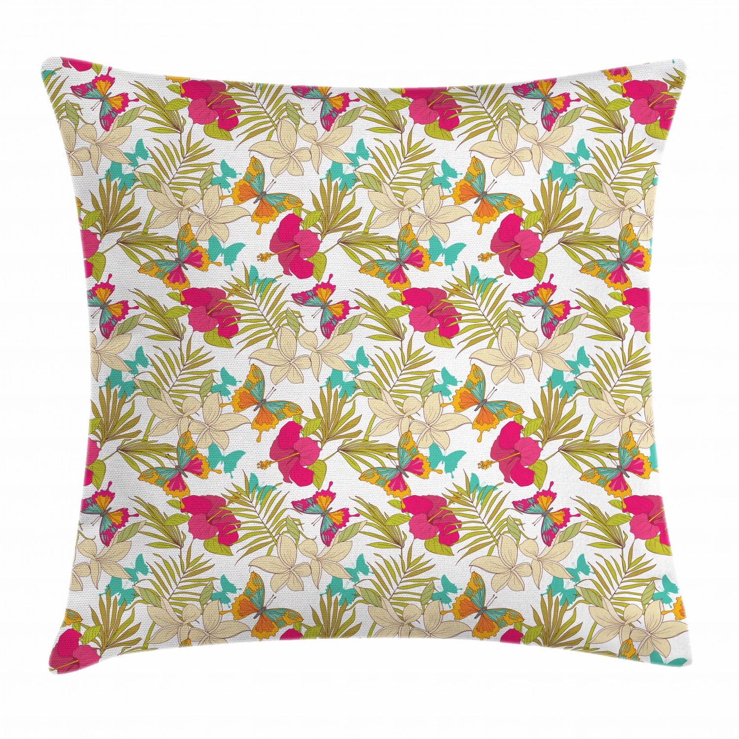 Hawaiian Throw Pillow Cushion Cover, Tropical Frangipani and Hibiscus Blossoms Exotic