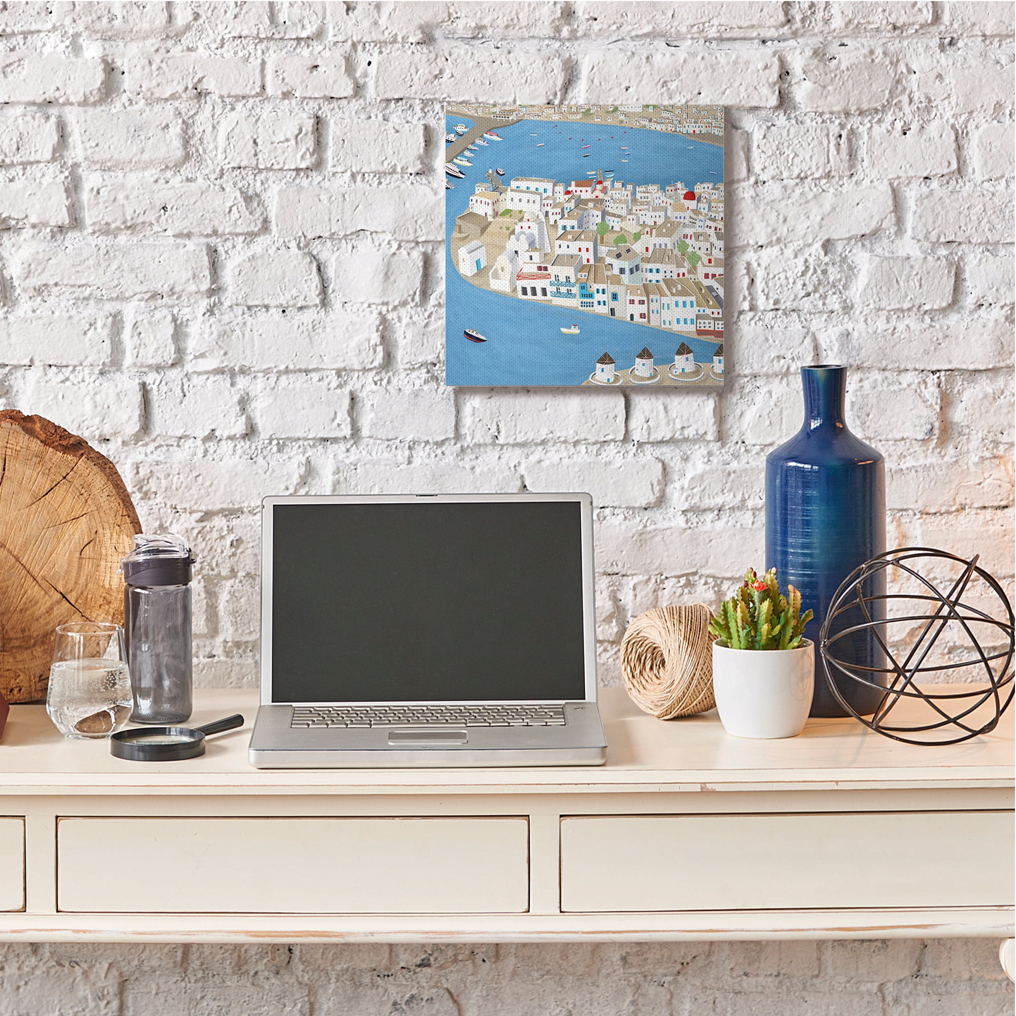 Mykonos Coastal Port Cityscape European City Art for Kids Gallery-Wrapped Canvas Print Wall Art, 17x17