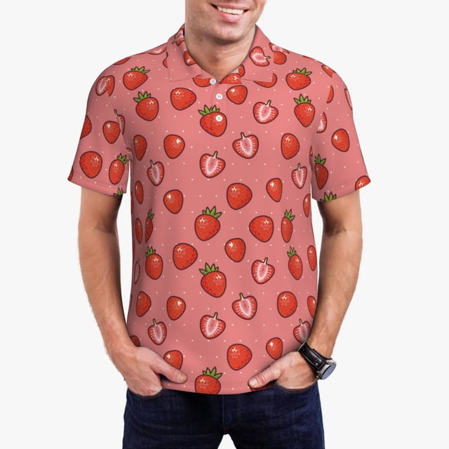 Fotbe Red Strawberry Camiseta Polo de Golf para Hombre con Estampado – Camisa Deportiva Transpirable con Cuello Abotonado-X-Large
