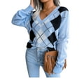 thumbnail image 3 of Seyurigaoka Women's Juniors V Neck Long Sleeve Argyle Print Loose Knitted Sweaters, 3 of 6