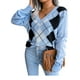 thumbnail image 3 of Mujer Suéter con estampado de rombos y cuello en V Pullover Tops Prendas de punto sueltas XBTCLXEBCO T S, Azul, 3 of 6