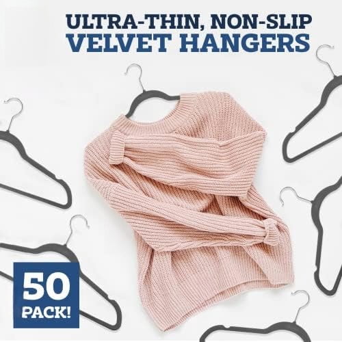 Velvet Hangers 50 Pack - Heavy Duty Gray Hangers for Coats, Pants & Dress Clothes - Non Slip Clothes Hanger Set - Space Saving Felt Hangers for Clothing