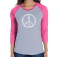 thumbnail image 1 of LA Pop Art Women's Raglan Baseball Word Art T-shirt - THE WORD PEACE IN 77 LANGUAGES, 1 of 2