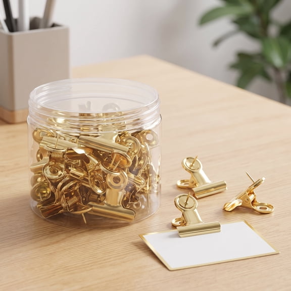 30 Pcs Push Pins Clips Thumb Tacks with Clips Cork Board Tacks for School Artworks Projects on Cork Photos Documents on Bulletin Board No Holes for Paper Back to School Supplies(Gold)