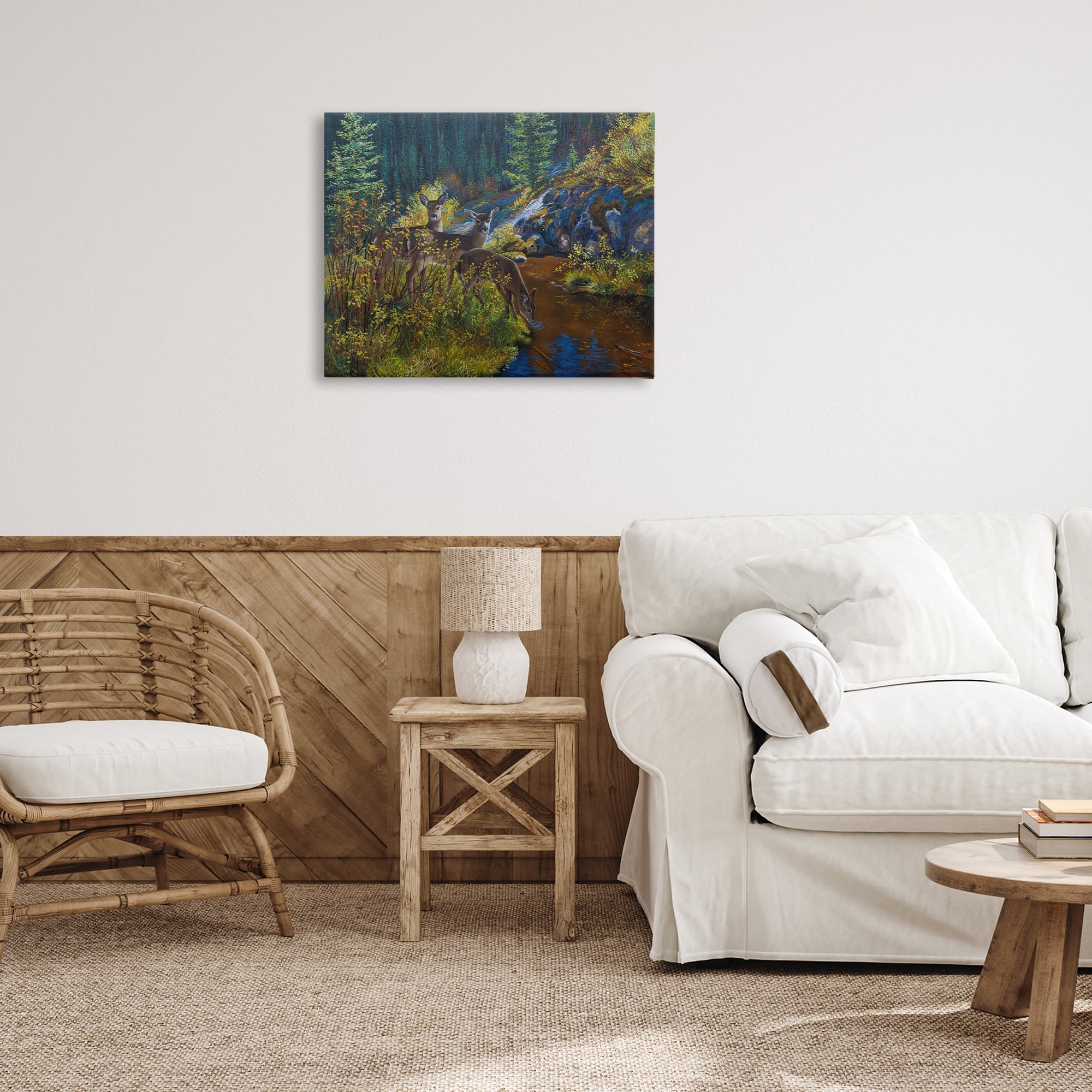 Stupell Industries Deer Drinking from River Landscape & Nature Painting Wrapped Canvas Art Print Wall Art, 30 x 24