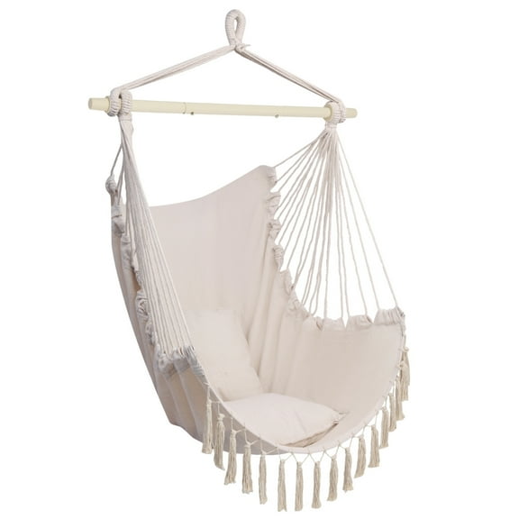IVV Tassel Hammock Chair Hanging Rope Swing, Beige Cotton Boho Macrame Hanging Chair with 2 Pillows and Galvanized Iron Support Bar for Bedroom Patio Balcony Front Porch, Max 198LBS