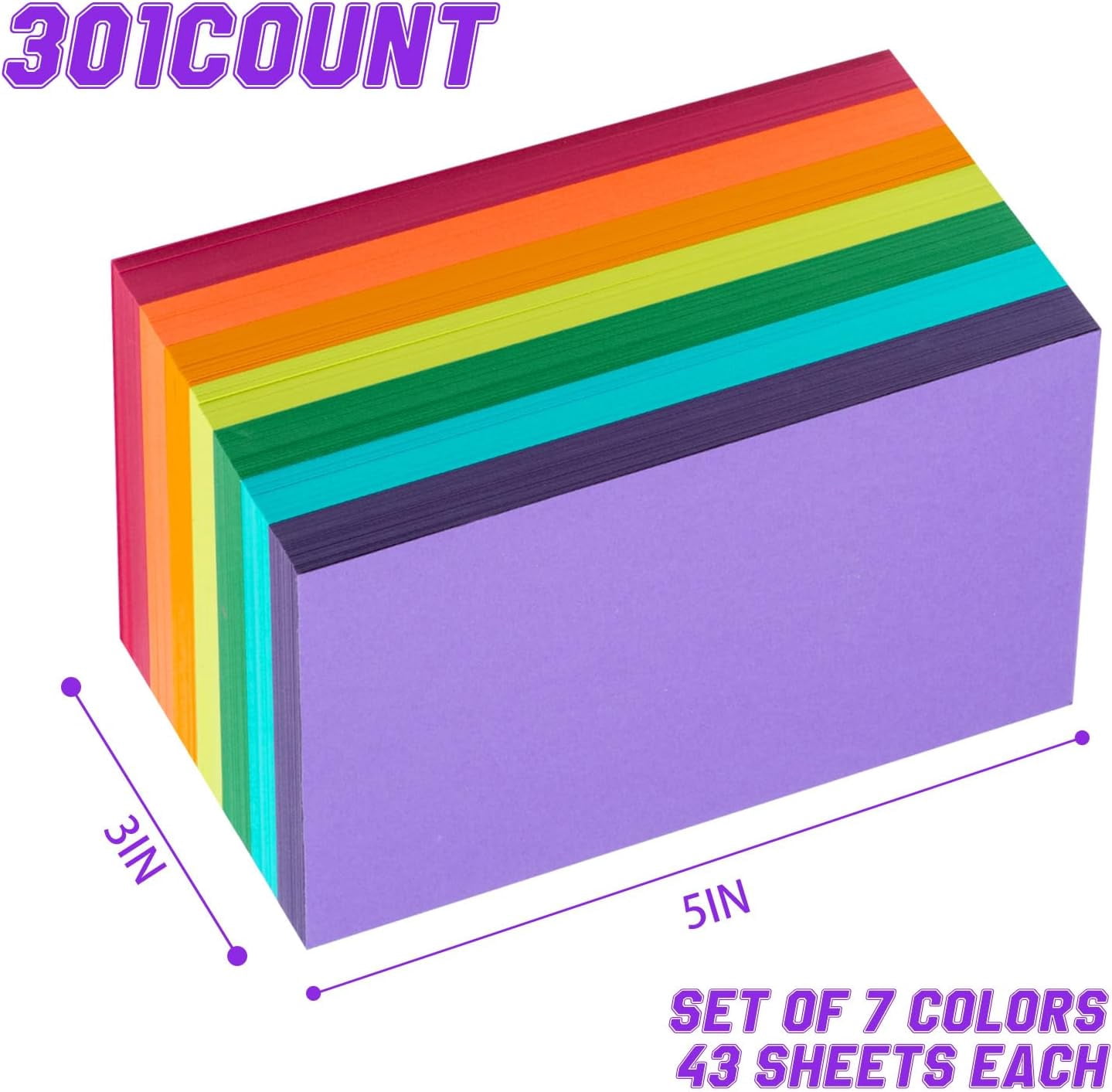 TT-Index Cards 301-Count 3x5 Inch,178GSM Heavyweight Set of 7 Colors Paper Multicolor Study Cards (Rainbow)