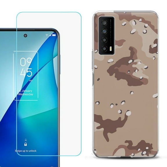 Slim-Fit Gel TPU Phone Case for TCL Stylus 5G, with Tempered Glass Screen Protector, by OneToughShield ® - Desert Camo