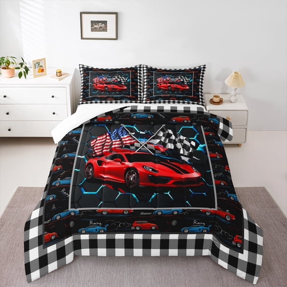 Homewish Red Sport Car Bedding Comforter Set 2pcs for Kids Children Teens,USA Flag Twin Comforter Sets Microfiber,Geometric Plaid Honeycomb Breathable Bedding Set,Lightweight Room Decor