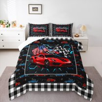 Homewish Red Sport Car Bedding Comforter Set 2pcs for Kids Children Teens,USA Flag Twin Comforter Sets Microfiber,Geometric Plaid Honeycomb Breathable Bedding Set,Lightweight Room Decor