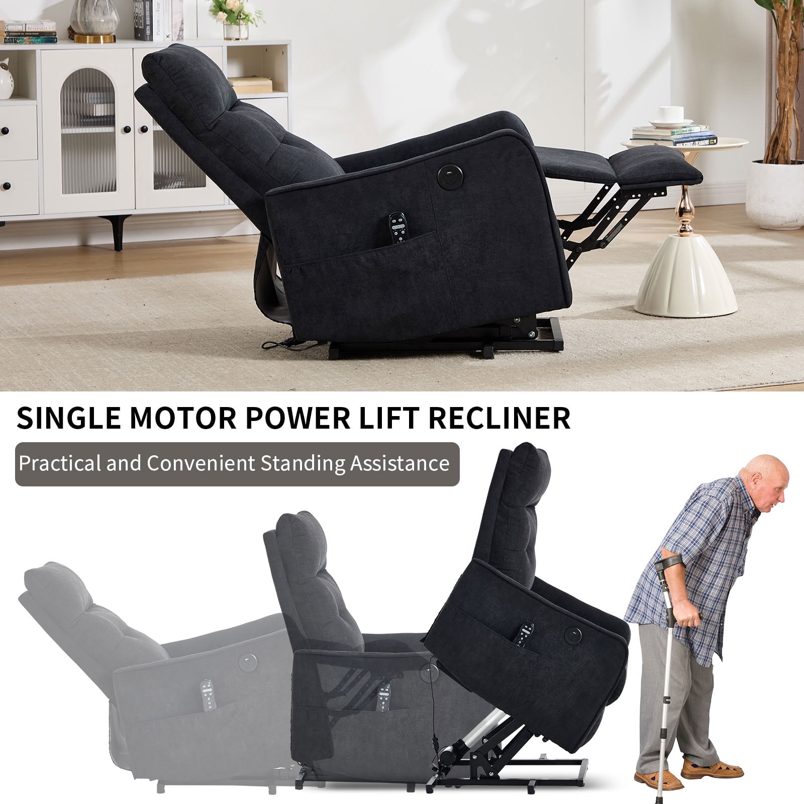 MAYEERTY Chenille Power Lift Recliner Chair for Elderly, Single Motor Electric Lift Chair with 8-Point Massage & Lumbar Heat, USB Charging Port, for Living Room Bedroom