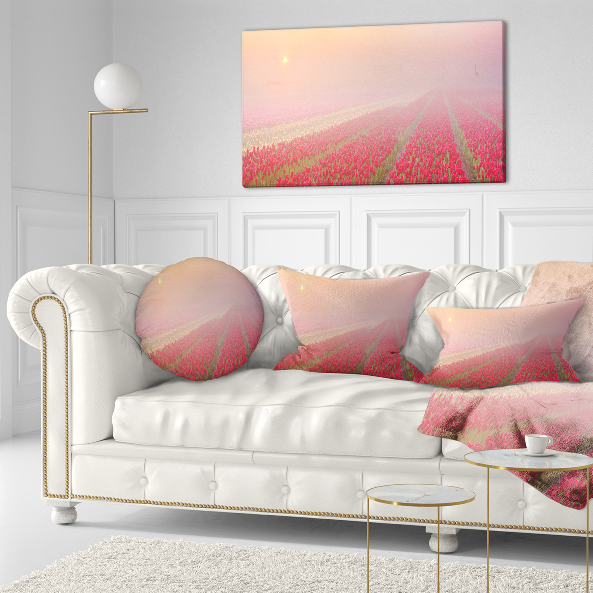 Designart Sunrise over Rows of Tulips - Landscape Printed Throw Pillow - 12x20