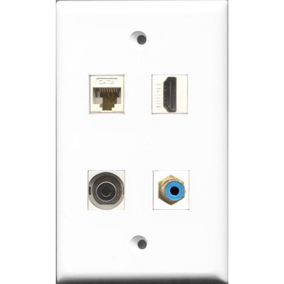 RiteAV 1 Port HDMI and 1 Port RCA Blue and 1 Port 3.5mm and 1 Port Cat6 Ethernet White Wall Plate