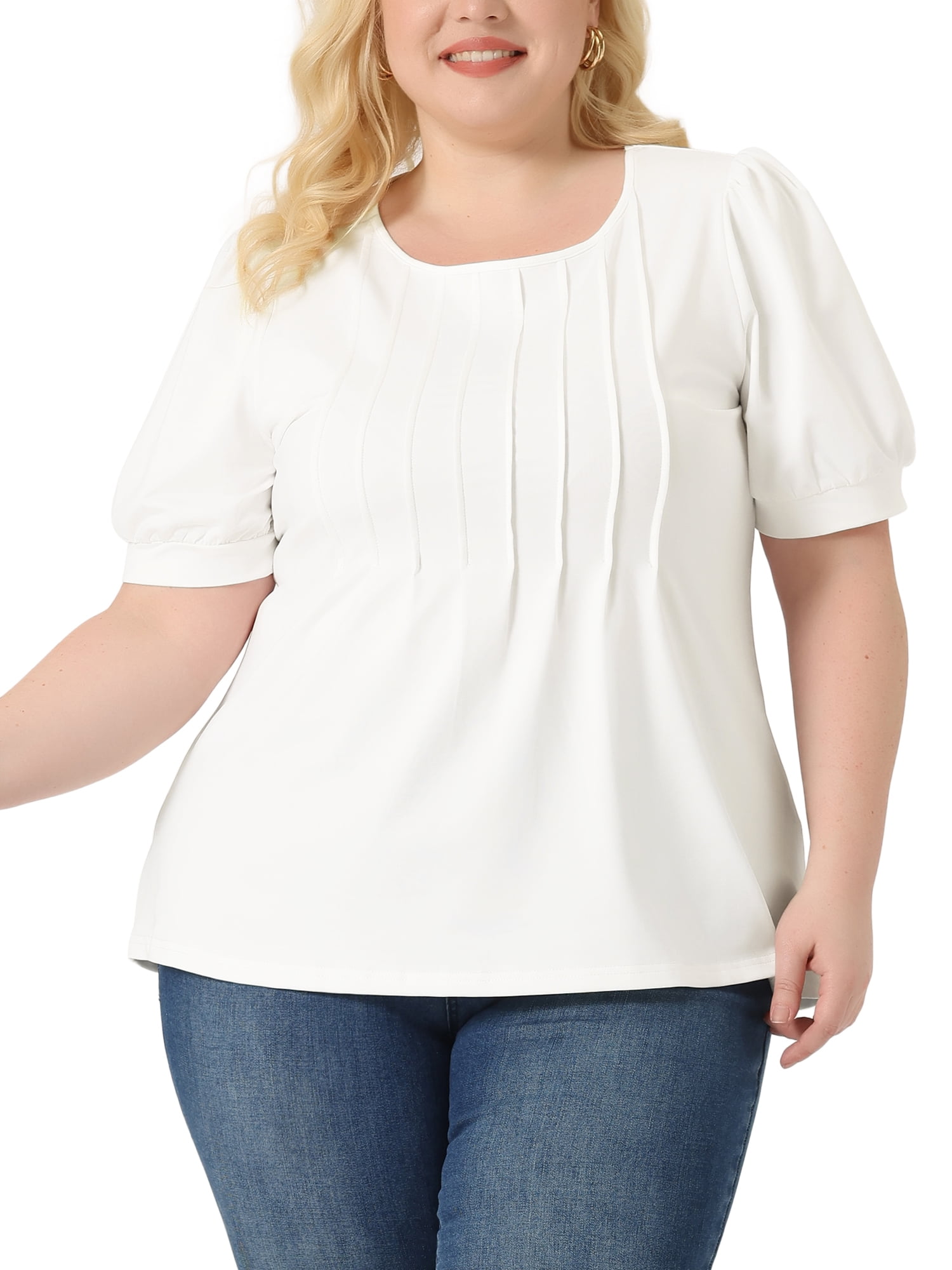 Women's Plus Top Puff Short Sleeve Tops Crew Neck Pleated Shirts Tunic Blouses 1X White