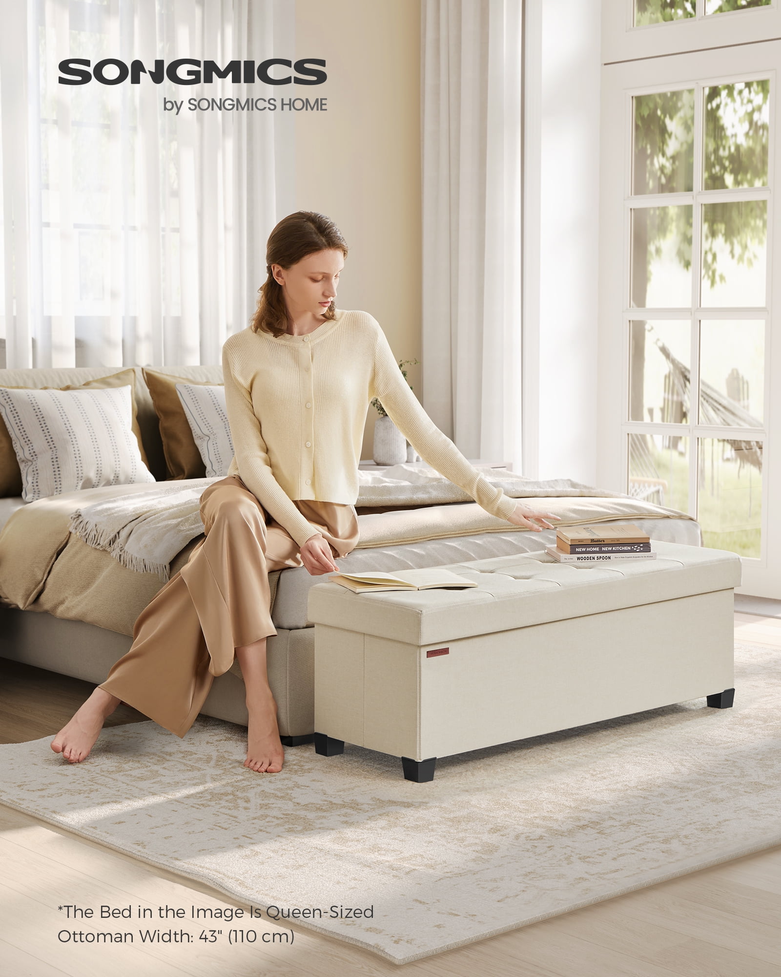 SONGMICS 43" Storage Ottoman Bench Foldable Ottoman with Storage Ottoman for Bedroom Living Room Cream White