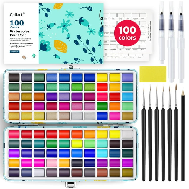 Set de pintura de acuarela Caliart de 100 colores con pinceles y estuche