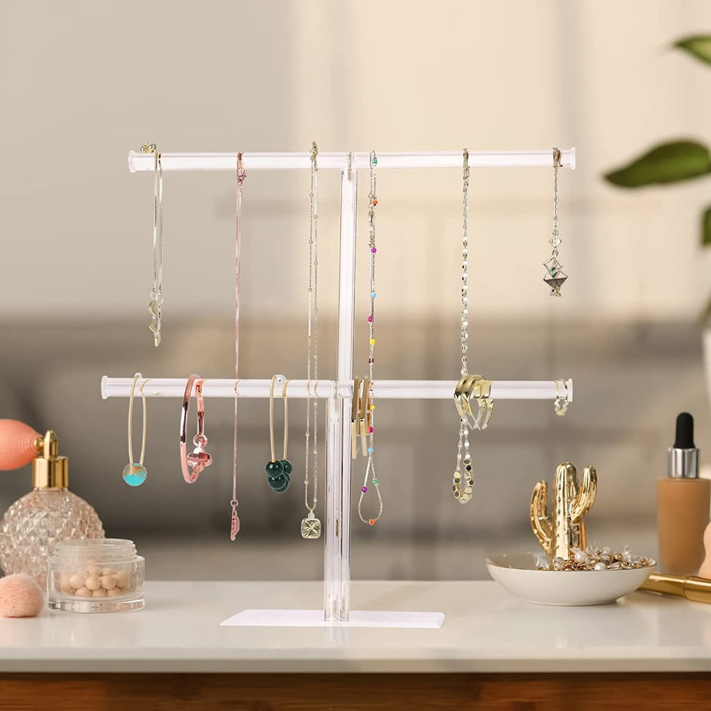 Geemin Acrylic Hairband Display Stand 2-Tier T-bar Hair Hoop Headband Hanging-Jewelry Organizer for Necklaces Bracelet Earring