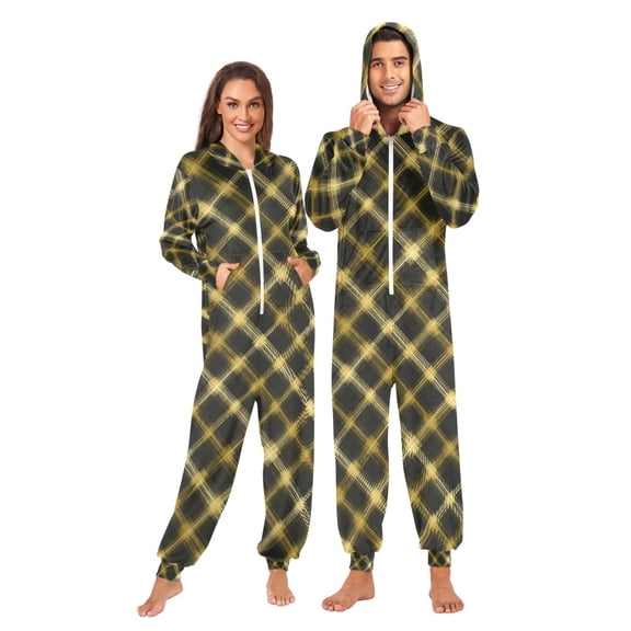 Adult Christmas Onesie Yellow Striped Plaid Adult Zipper One-Piece Pajamas Unisex Pajamas with Pockets