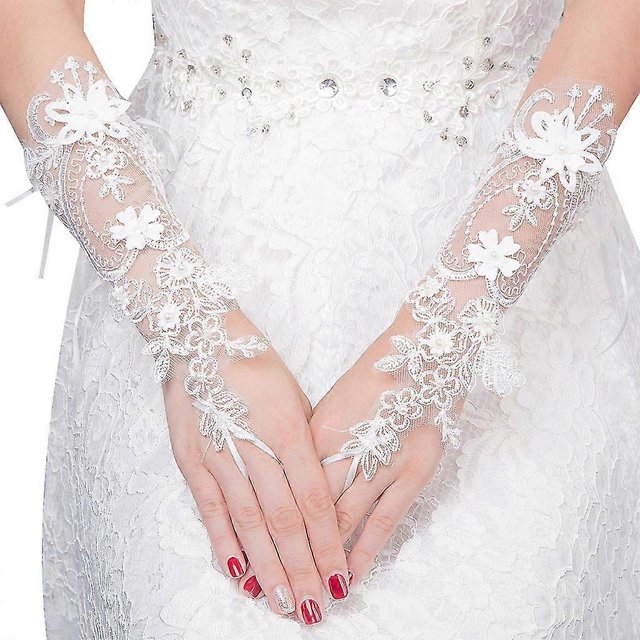 Guantes de encaje elegantes largos de cortesía de verano con flores y perlas y lazo para los dedos -4050358664481