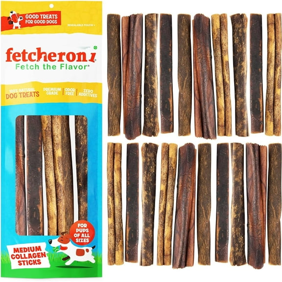 FETCHERONI Dog Chews Long Lasting Bully Stick and Rawhide Alternative. Healthy Beef Collagen Sticks for Dogs. 6 inch Tasty Dog Treat that Your Dog Will Love. (20 Pack)