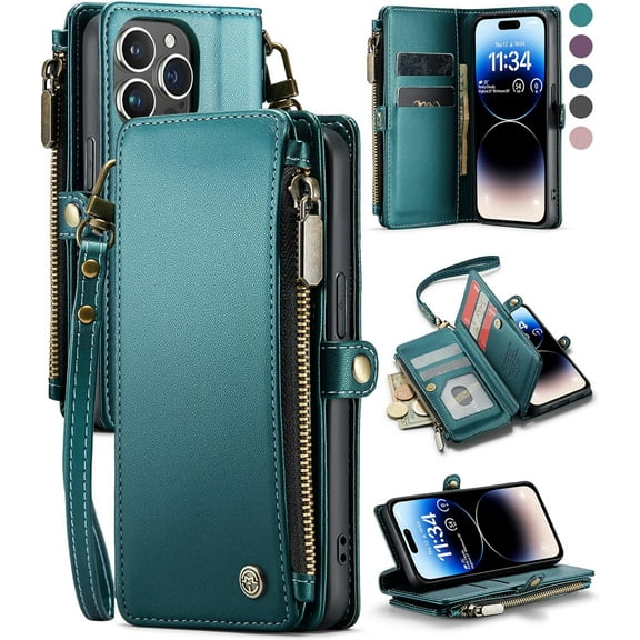 for iPhone 14 Pro Case, RFID Blocking for iPhone 14 Pro Wallet Case for Women Men with Credit Card Holder Zipper PU Leather Protective Cover for Apple iPhone 14 Pro Phone Case, Blue Green