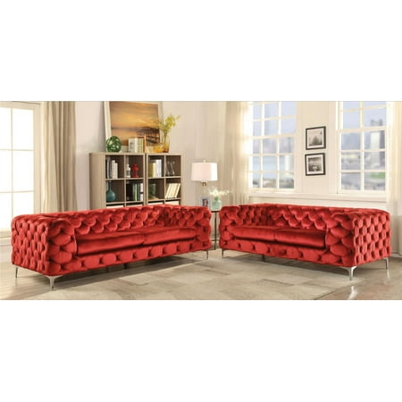 Red On Tufted Velvet Sofa Loveseat Set 2pcs Acme Furniture On Tufted Velvet Sofa Loveseat Set