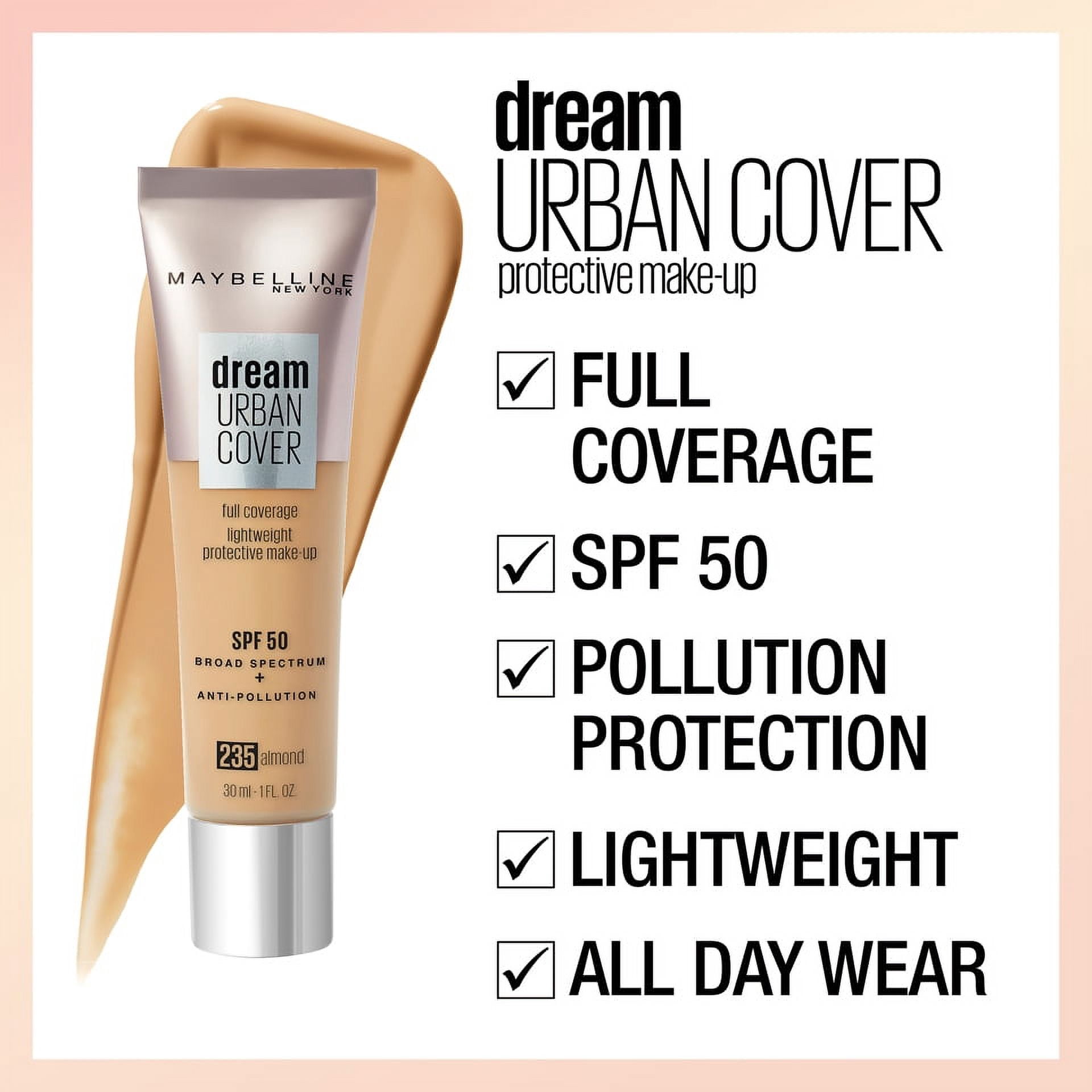 Maybelline Dream Urban Cover Foundation Makeup, SPF 50, 115 Ivory, 1 fl oz