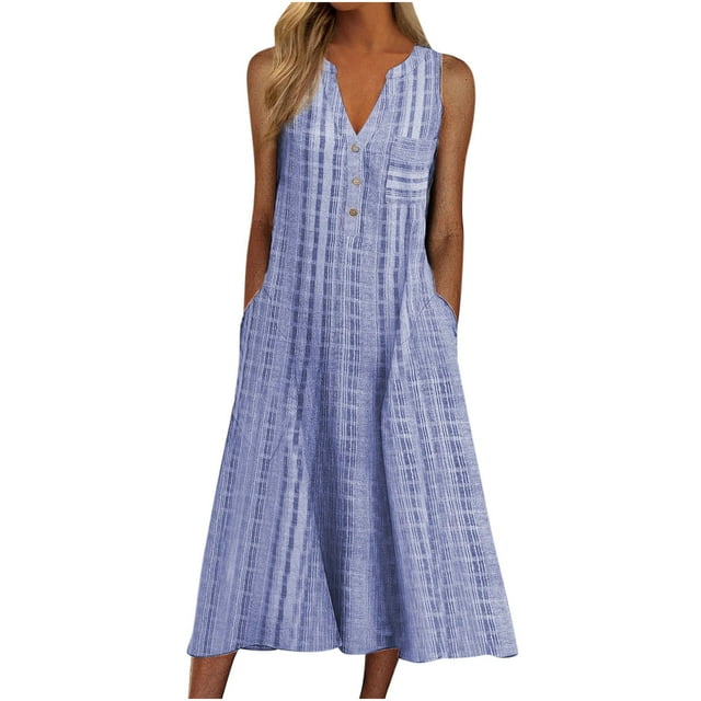 Robes d'Été pour Femmes Plage Sans Manches Col en V Bouton Rayé Imprimé Poche Maxi Robes Décontractées d'Été pour Femmes