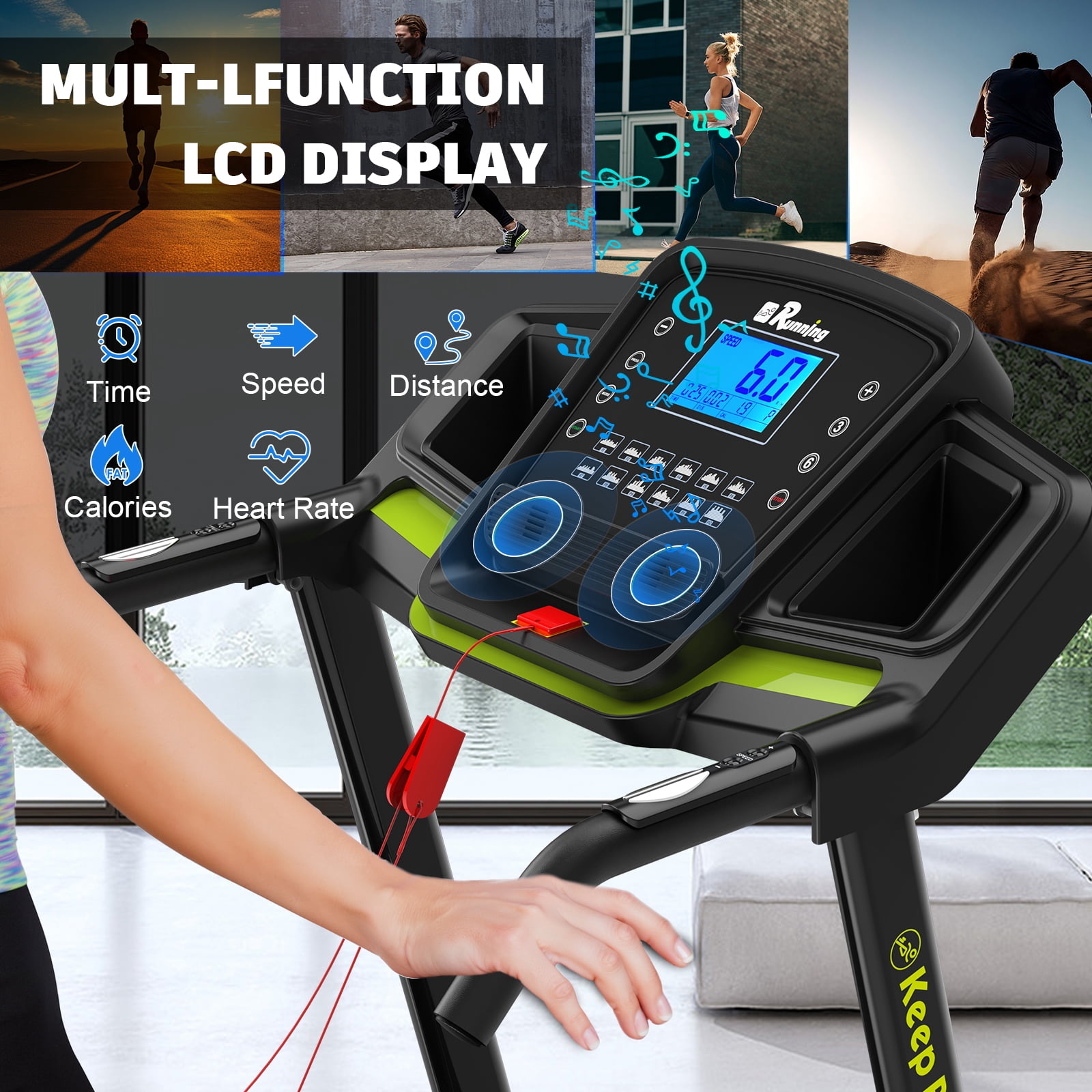 FYC Folding Treadmill for Home with Incline / Bluetooth, 3.5HP 330lb Weight Capacity Portable Electric Treadmill for Home Gym Exercise Running Walking Easy Assembly Green