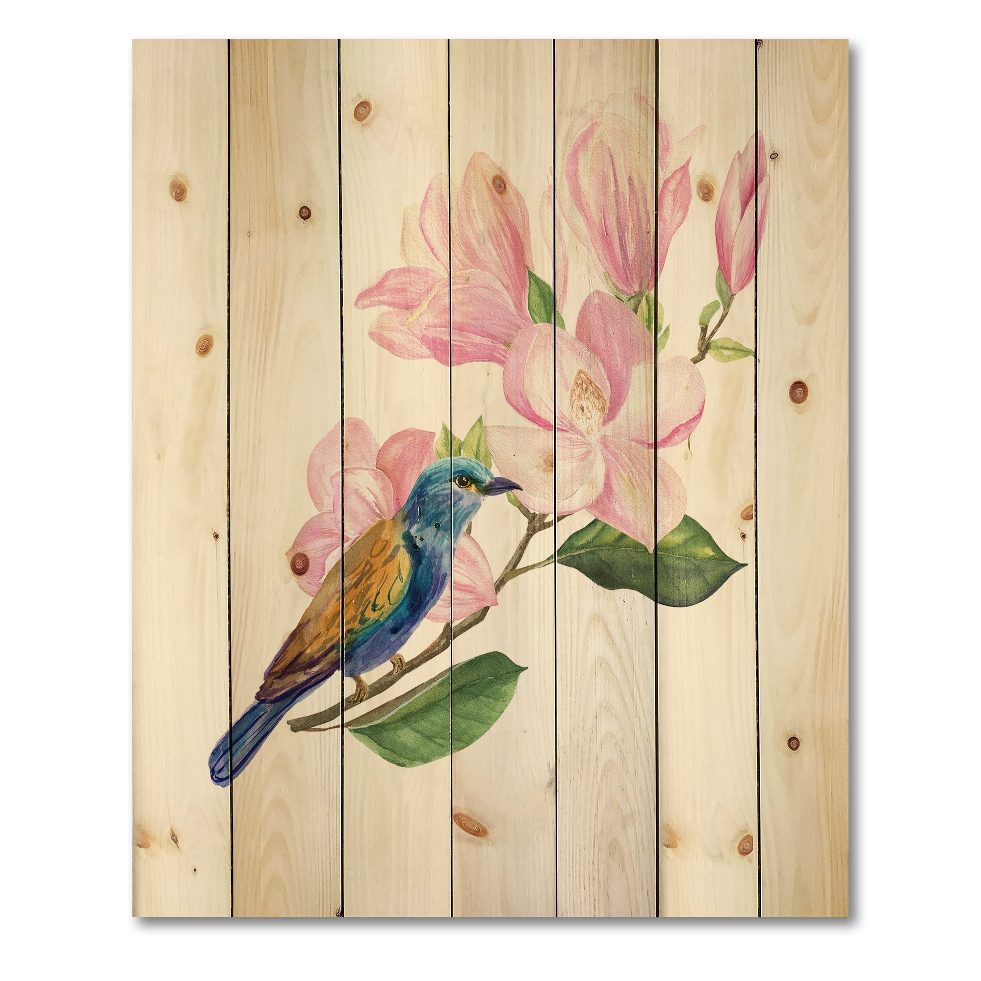 Designart 'Blue Bird Sitting On A Pink Magnolia' Traditional Print on Natural Pine Wood