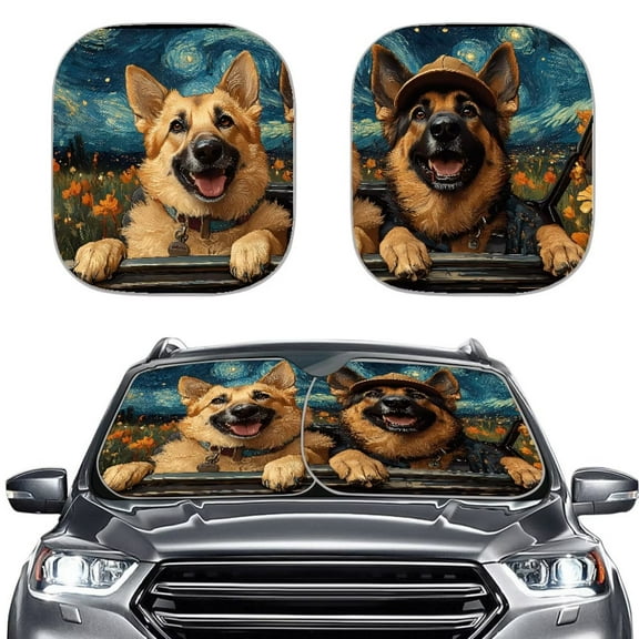 KUIFORTI Sunshade for Car Windshield Cute Dog Galaxy Print, Premium Reflective Material Blocks Heat, 2 Piece Windshield Cover Sun Shade, Shield Cover Block Heat and Sun UV Rays