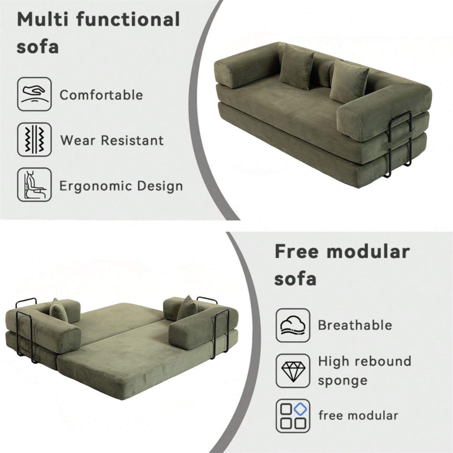Hommoo Versatile Corduroy Fabric Full Foam Modular Compressed Sofa Couch Bed Sleeper with Multiple Layout Options, Green