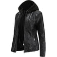 thumbnail image 2 of Chaqueta casual de piel sintética con cuello alto y capucha desmontable para mujer, talla grande, abrigo corto para motociclista, 2 of 5