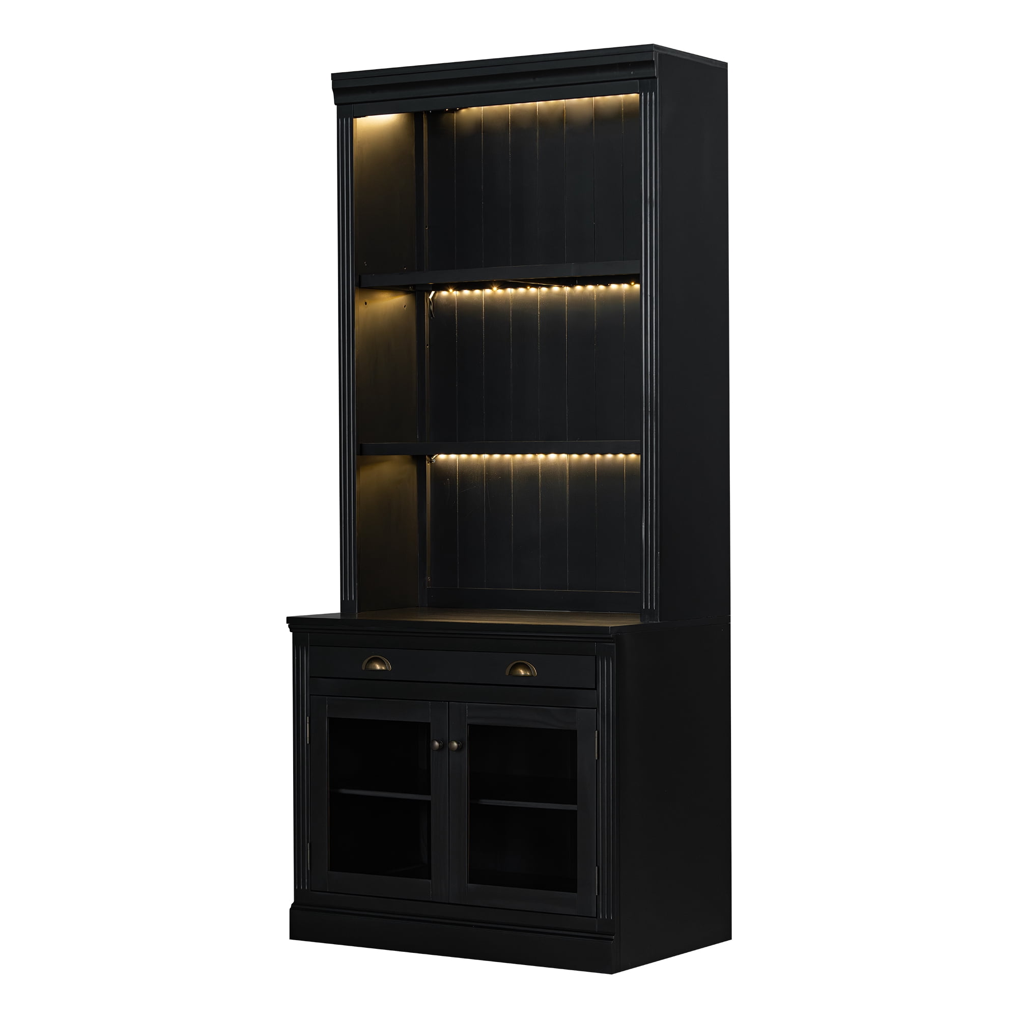 Euroco 83.4"Tall Bookshelf with 3 pieces LED Lighting, Modern Bookcase with 2 Glass Doors and 1 Drawer,Storage Bookcase with Open Shelves for Living Room,Home Office,Black