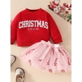 thumbnail image 3 of Kids Toddler Girls Christmas Outfit, 6 12 18 24 Months 2T 3T 4T Long Sleeve Crew Neck Letters Print Sweatshirt Candy Cane Skirt 2-piece Clothes Set, 3 of 9
