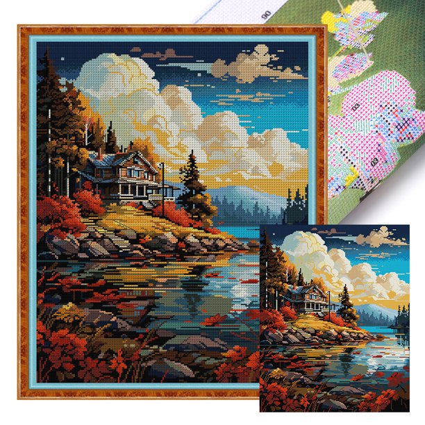 (FA457) Hilo Algodón Ecológico Bordado 14CT 2 Hebras Impresión 40*51cm Kit Serie Paisaje Punto Cruz Puesta (borde Gancho)