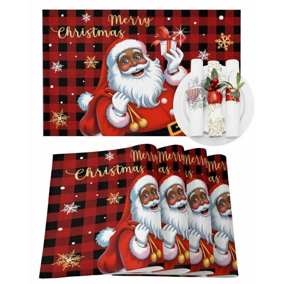 Black Santa Claus Merry Christmas Placemats Set of 4 Xmas Snowflake Red Plaid Heat Insulation Washable Place Mats, Rustic Non-Slip Table Mats for Dining Table Party Kitchen Decor,13x19 Inch