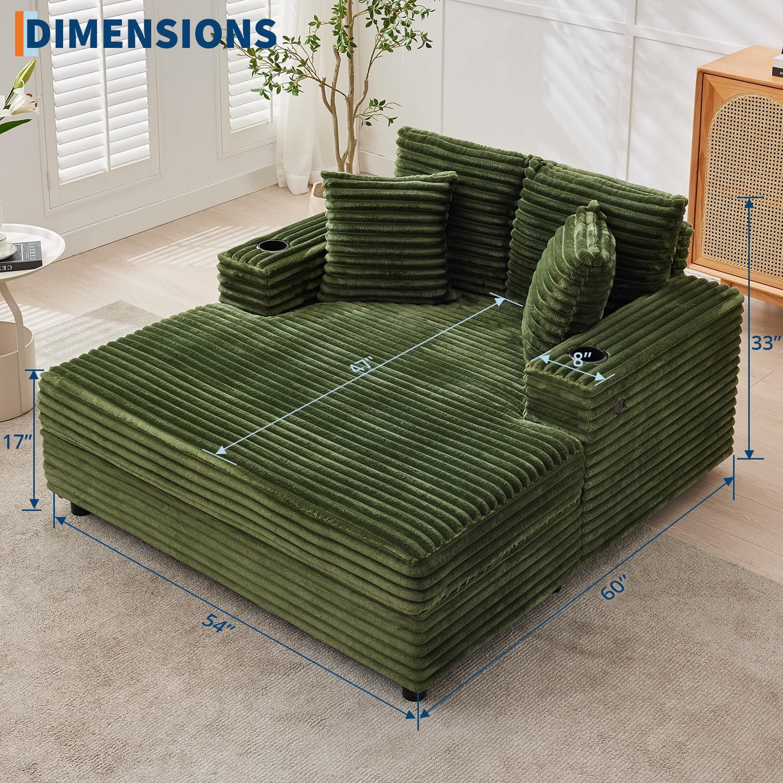 Oversized Corduroy Chaise Lounge Chair with Cup Holder & USB Charging Port, 54" Wide Plush Sofa with High-Density Foam & Supportive Springs for Living Room