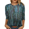 thumbnail image 1 of IROINID Hauts à Manches Longues pour Femmes Imprimé Printemps Col Rond Tee-Shirt de Détente, Bleu, 1 of 5