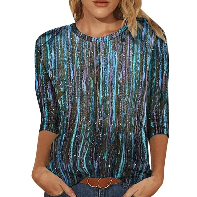 IROINID Hauts à Manches Longues pour Femmes Imprimé Printemps Col Rond Tee-Shirt de Détente, Bleu