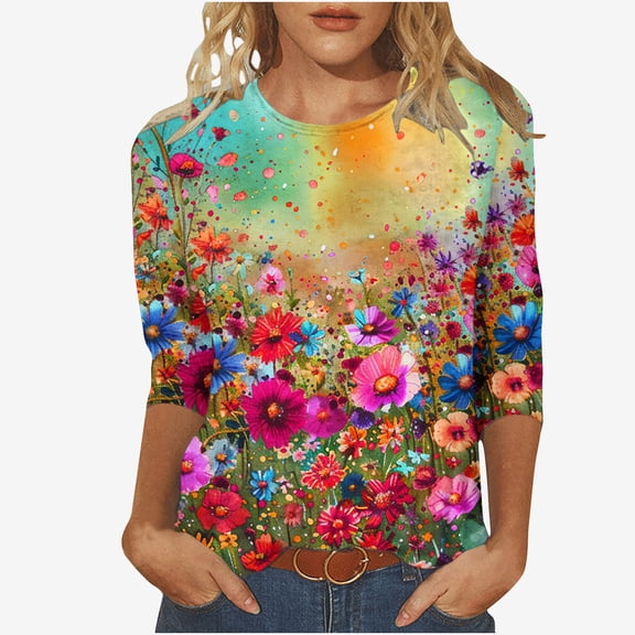 BangWanChi 3/4 Length Sleeve Womens Tops Plus Size Women's Fashion Vintage Printed T-Shirt 3/4 Sleeves Blouse Round Neck Casual Tops
