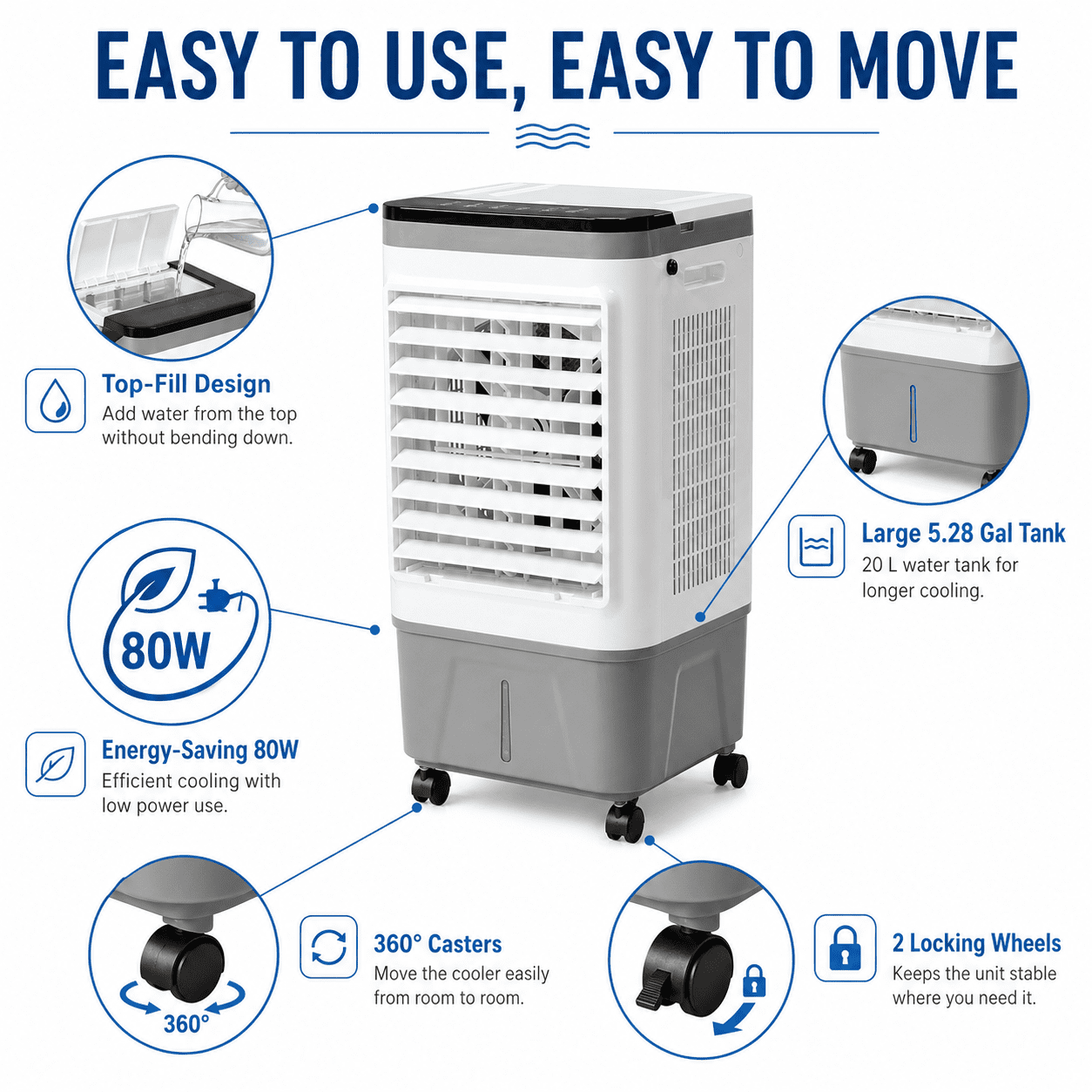 Alvantor 3 in 1 Portable Evaporative Air Cooler, 461 CFM Swamp Cooler Fan with Remote, 5.28 Gal Tank, 12H Timer, Gray and White
