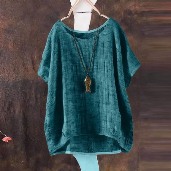 Girls Casual Batwing Sleeve Blouse Linen Blend Soft Top Loose Fit Crewneck Short Sleeve High Low Hem Summer Tunic for Kids Sky Blue,Size 3-4T
