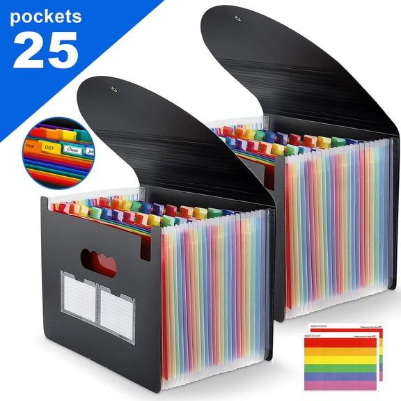 PUCACHI 25 Pocket Expanding File Folder, Sturdy Accordion Organizer with Labels for Home Office School, Black, 2 Pack
