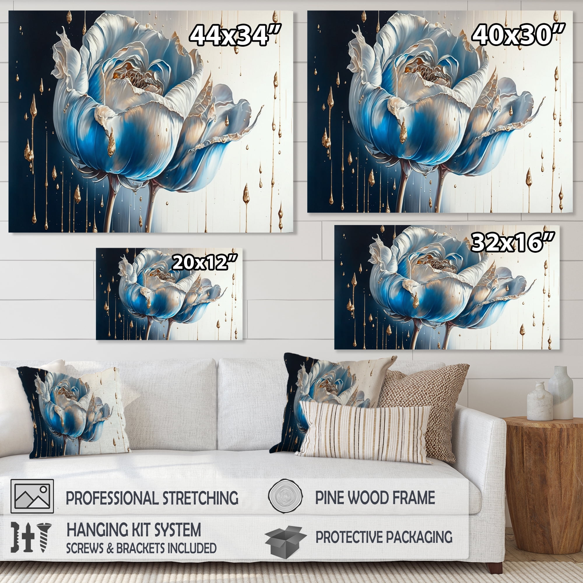 Designart Ice Blue And Gold Paint Drip Tulip I Canvas Wall Art