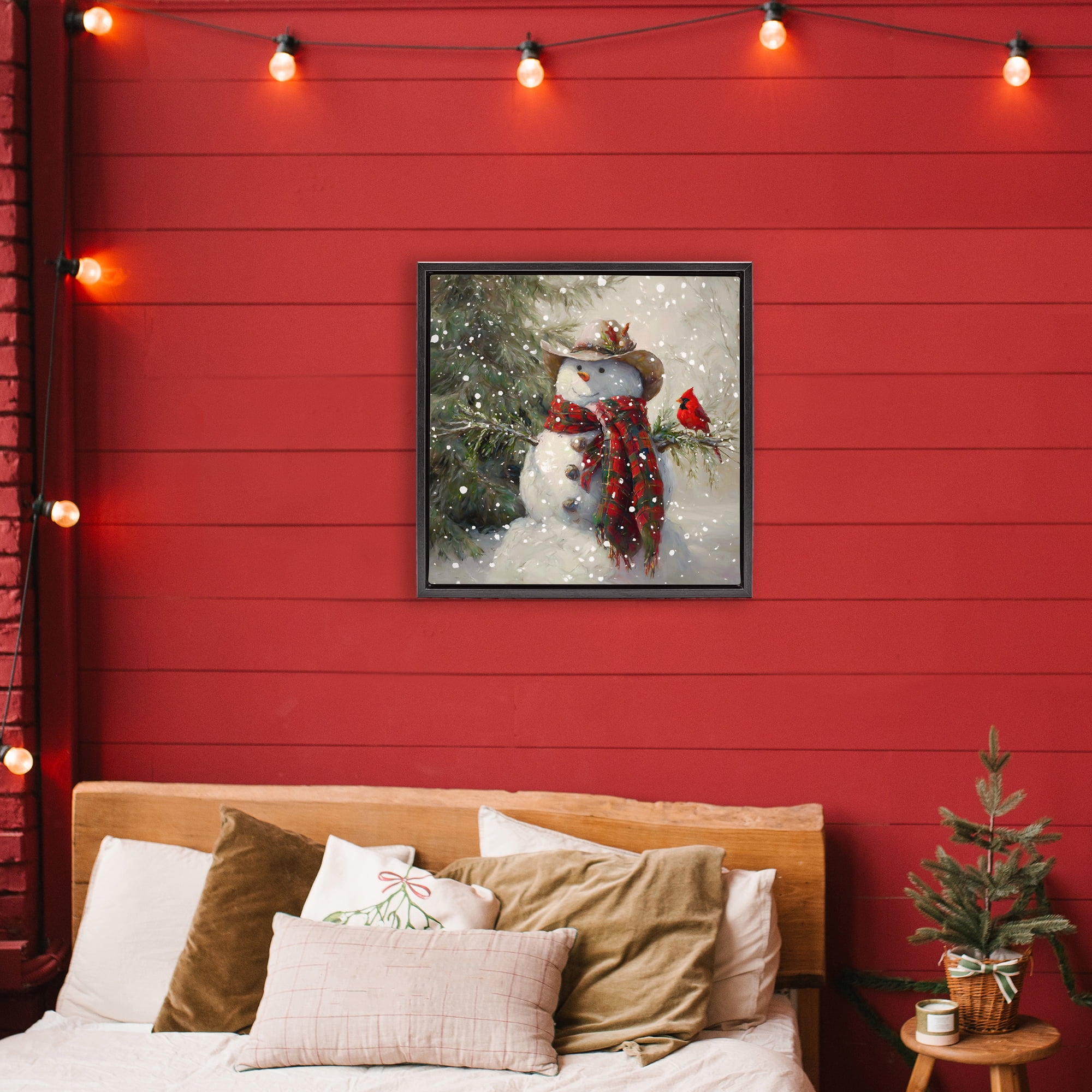 Stupell Industries Cowboy Snowman & Cardinal Black Framed Floater Canvas Wall Art, design by Tina LeCour