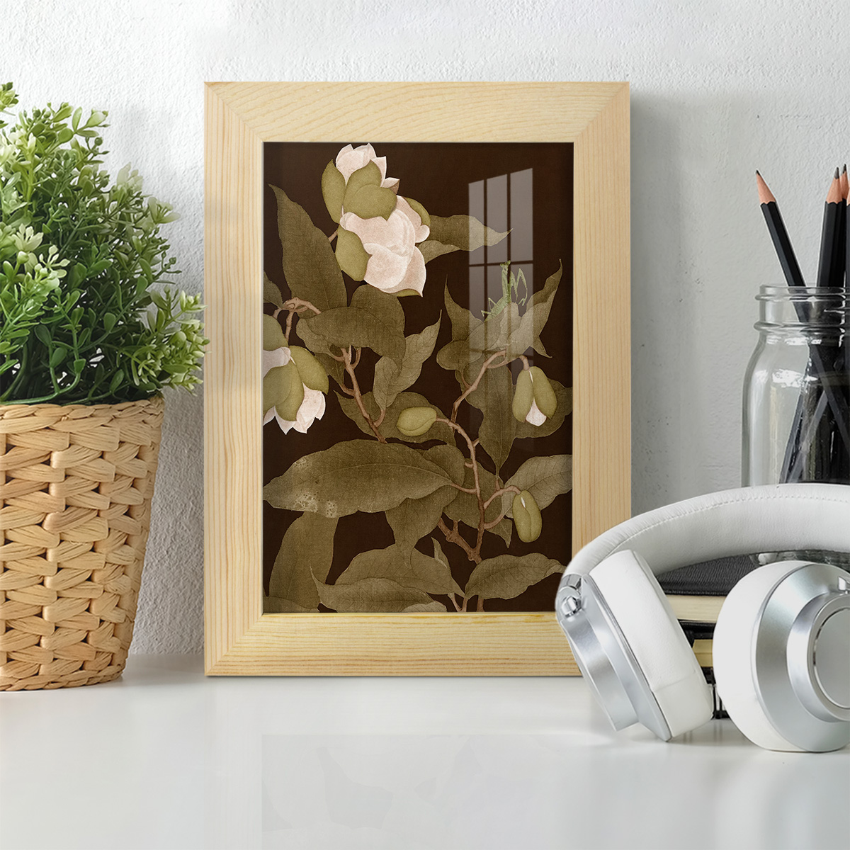 Asian Brocade I - Framed Print w/glass - Natural Wood